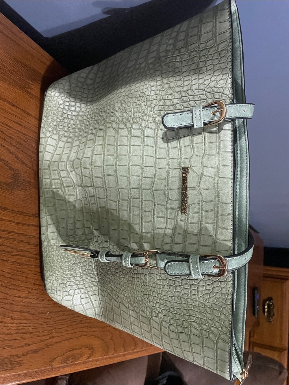 Montana West Sage Green Croc-Embossed Shoulder Tote with Gold Hardware